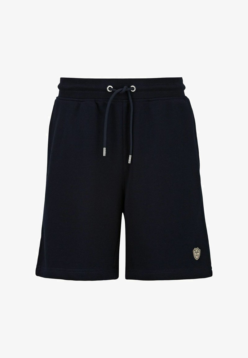 Navyblauwe katoenen shorts met elastische tailleband, verstelbaar trekkoord en een gouden logo patch op het linkerbeen. Glad van structuur, knielang.