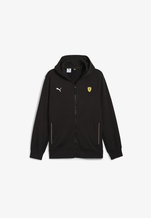 Melnā kapucēta džempera ar rāvējslēdzēju, kas izgatavots no mīksta auduma, ar kapuci, Puma logo, Ferrari emblēmu un sānu kabatām ar kontrastējošiem rāvējslēdzējiem.