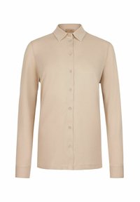 Beige långärmad skjorta med knappslå och krage, tillverkad av mjukt tyg. Har åtta matchande knappar. Enkelt mönster.