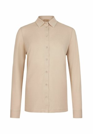 Beige Langarmhemd mit Knöpfen, Kragen und Knopfleiste, aus weichem Stoff. Verfügt über acht passende Knöpfe. Schlichtes Design.