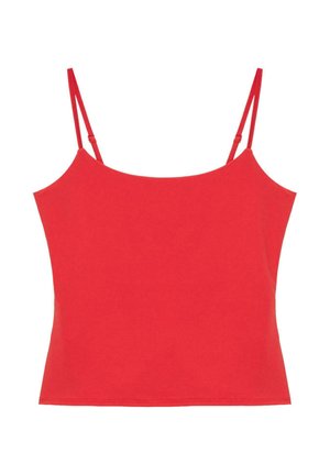 Rotes ärmelloses Cropped-Top mit verstellbaren Spaghettiträgern, geradem Ausschnitt und tailliertem Schnitt.