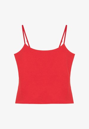 Rotes ärmelloses Cropped-Top mit verstellbaren Spaghettiträgern, geradem Ausschnitt und tailliertem Schnitt.