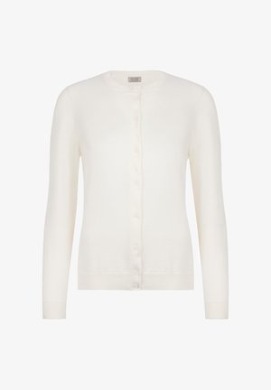 Hvid cardigan lavet af blødt strikstof, med lange ærmer, rund halsudskæring og knaplukning foran. Glat tekstur, enkelt design.