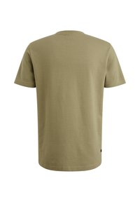 T-shirt à manches courtes vert olive en coton doux. Présente une texture côtelée et un col rond. Design simple sans logos visibles.