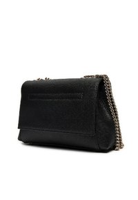 Borsa a tracolla realizzata in pelle sintetica nera con superficie testurizzata, forma rettangolare e tracolla a catena. Presenta una chiusura a pattina e un design minimalista.