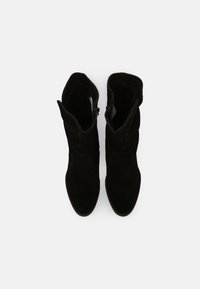 Une paire de bottes noires en Daim mi-mollet avec des zippers à l'intérieur, vues de dessus sur un fond blanc.