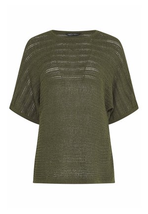 Short-sleeve olive green knitted top with loose fit and horizontal open-knit pattern throughout.