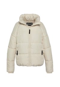 Kremfarvet dunjakke med høj krave, frontlynlås og sidelommer. Har quiltet design og sorte hardware-detaljer.