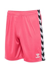 Rosa idrottsshorts med elastiskt midjeband, med ett svart och vitt zigzag-mönster längs sidan och en liten logotyp vid fållen.