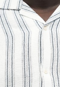 Εγγύς λήψη ενός ατόμου που φοράει λευκό πουκάμισο με κατακόρυφες μαύρες ρίγες και γιακά, με δύο μπεζ κουμπιά κουμπωμένα.