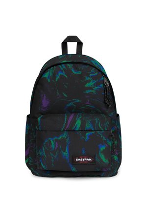 Reppu mustana, jossa on marmoroitu vihreän ja violetin kuosi. Varustettu etutaskulla, yläkahvalla ja pehmustetuilla olkahihnoilla mukavuutta varten.
