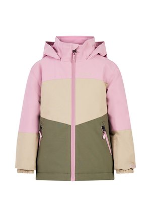 Farbblockierte Jacke mit pinken, beigen und grünen Paneelen; ausgestattet mit einem Frontreißverschluss, verstellbarem Kapuze und seitlichen Reißverschlusstaschen.