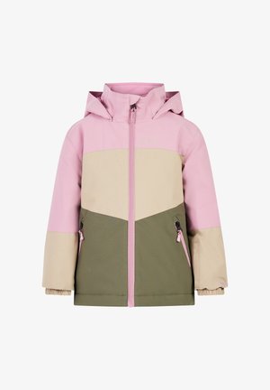 Kleurblokjack met roze, beige en groene panelen; voorzien van een rits aan de voorkant, een verstelbare capuchon en zijzakken met rits.