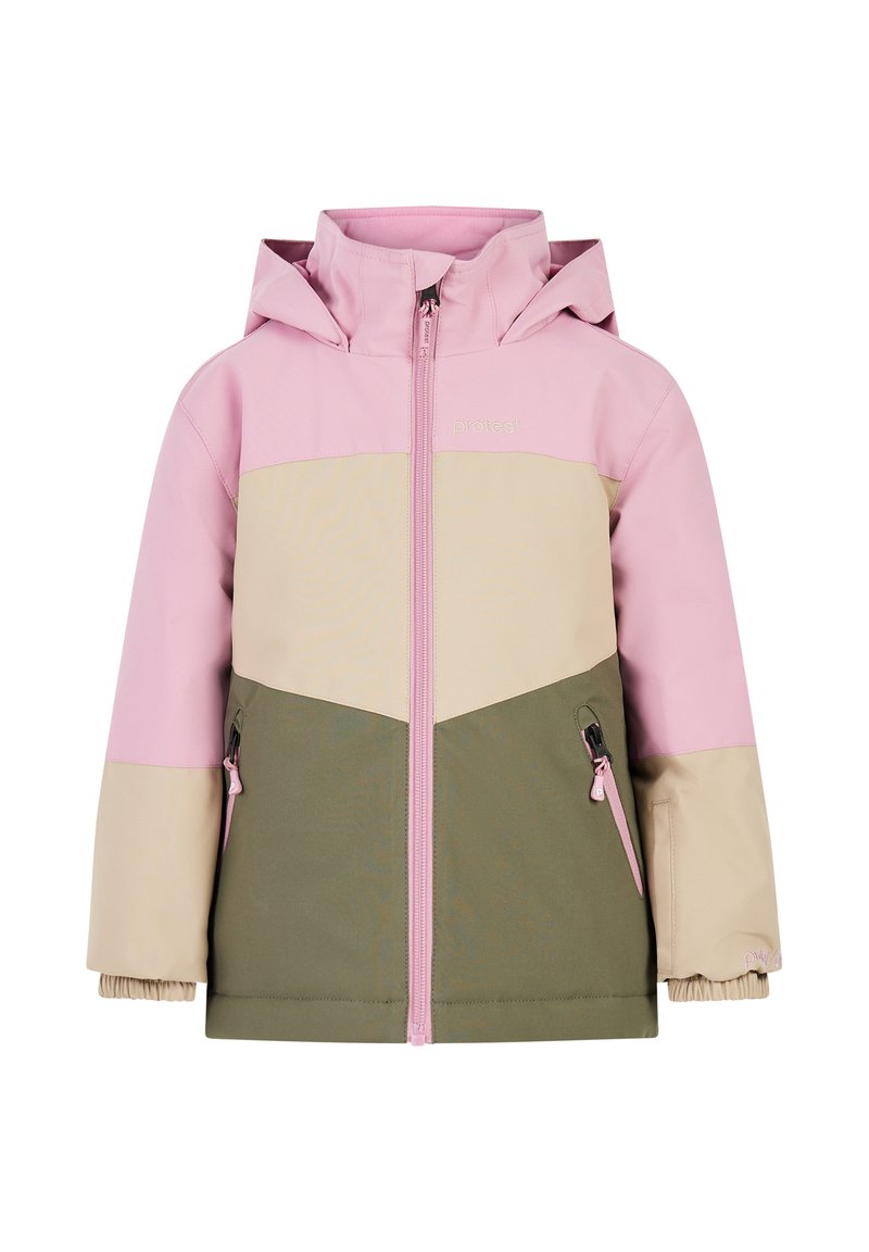 Bundová bunda so farebnými blokmi, ktorá obsahuje panely v ružovej, béžovej a zelenej farbe; vybavená predným zipsom, nastaviteľnou kapucňou a bočnými zipsovými vreckami.