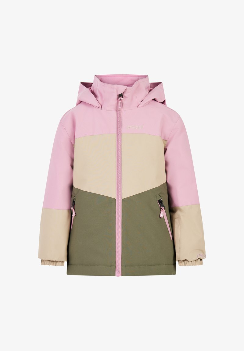 Farbblockierte Jacke mit pinken, beigen und grünen Paneelen; ausgestattet mit einem Frontreißverschluss, verstellbarem Kapuze und seitlichen Reißverschlusstaschen.
