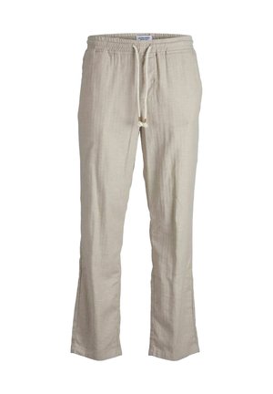 Pantalon en lin beige avec taille élastique et cordon, coupe droite, style décontracté.