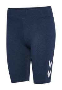 Navyblauwe stretchshorts met een gladde textuur, voorzien van een brede tailleband en drie witte chevronaccenten aan de onderkant.