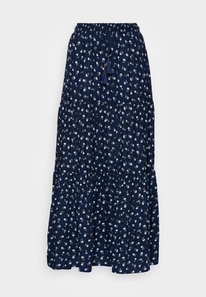 Marineblauwe maxirok van stof met een bloemenpatroon, voorzien van een elastische tailleband en gelaagde ruffles aan de zoom.