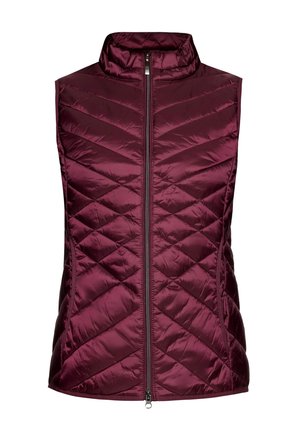 Bordeauxfarvet isoleret vest med høj krave, diamant quiltet mønster og lynlås foran. Fremstillet af et glat, skinnende stof.