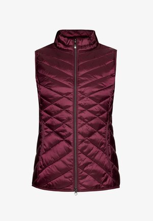 Bordeauxfarvet isoleret vest med høj krave, diamant quiltet mønster og lynlås foran. Fremstillet af et glat, skinnende stof.