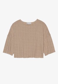 Gekürztes, locker sitzendes Oberteil in hellem Beige, aus geripptem Textilstoff. Mit einem runden Ausschnitt und weiten Ärmeln.