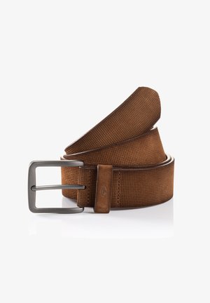 Brown textured fabric belt with a smooth leather strap, featuring a silver-tone metal buckle and a subtle brand logo on the keeper.