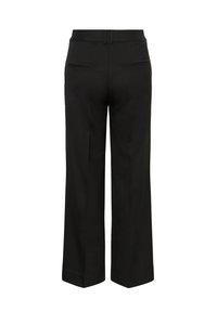 Black wide-leg trousers with a smooth texture. Features two back pockets and a flat waistband, designed for a straight fit.