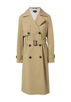 Beige dubbelzijdig trenchcoat met zwarte knopen, een ceintuur in de taille en een gestreepte voering. Kenmerkt brede revers en details aan de mouwen.