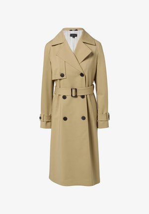 Beige dubbelzijdig trenchcoat met zwarte knopen, een ceintuur in de taille en een gestreepte voering. Kenmerkt brede revers en details aan de mouwen.