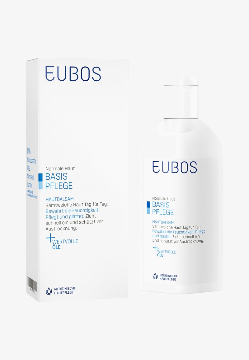 EUBOS Basis Pflege moisturizing balm in a white bottle features a smooth, rounded shape with a flip-top cap and blue text on the label.