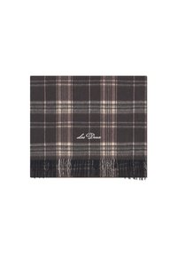 Plaid scarf in dark brown, beige, and light gray. Soft texture with fringe detailing. Embroidered "Les Deux" logo in white.