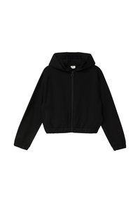 Zwarte cropped hoodie van zachte stof, met een voorsprongetje, een kangoeroezak en elastische manchetten en onderrand.