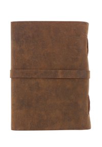 Brown leather notebook with a smooth texture, featuring a wrapped closure and rounded corners. Subtle variations in shade and patina are visible.