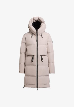 Hellbeige Puffy-Jacke mit hohem Kragen, Reißverschluss vorne, Kordelzug in der Taille und seitlichen Reißverschlüssen. Sie hat eine glatte, glänzende Textur und schwarze Akzente.