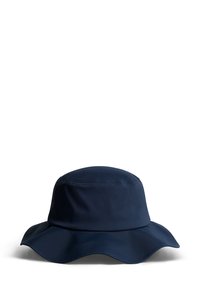 Mörkblå bucket hat tillverkad av mjukt tyg, med en rundad krona och bred, flexibel brätte. Inga synliga mönster eller detaljer.