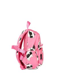 Zaino rosa con stampa di animali cartoni, dotato di spallacci regolabili, una tasca con zip e una rete testurizzata sul retro per il comfort.