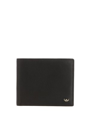 Black leather bifold wallet with a small gold emblem in the bottom right corner on a white background.