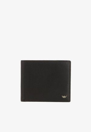 Black leather bifold wallet with a small gold emblem in the bottom right corner on a white background.