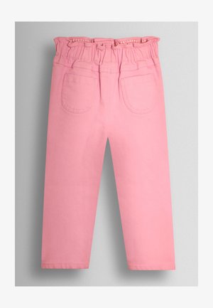 Roosad puuvillased püksid elastse vöökohaga, kahe tagataskuga ja siledapoolse tekstuuriga. Püksisääred on sirged ja kitsenevad veidi pahkluu suunas.