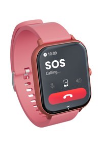 Montre intelligente avec un bracelet en silicone rose, écran rectangulaire affichant "Appel SOS..." avec un bouton d'appel rouge, accents métalliques sur le côté.