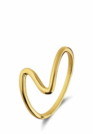 Smooth, shiny gold ring with a modern, wavy V-shaped design on a white background.