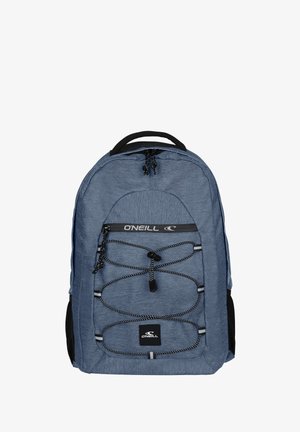 Blue fabric backpack with a textured surface, featuring a front bungee cord design, adjustable straps, and a black logo patch.