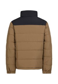 Puffer jacket featuring a brown body with a black high collar and shoulder. Quilted design, elastic cuffs, and a smooth texture.