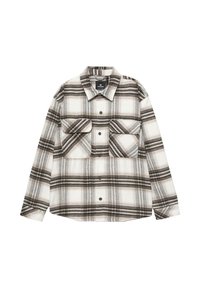 Koszula flanelowa w kratę w odcieniach bieli, czerni i szarości. Posiada dwie kieszenie na piersi i zapięcie na guziki z przodu. Miękka tekstura i luźny krój.