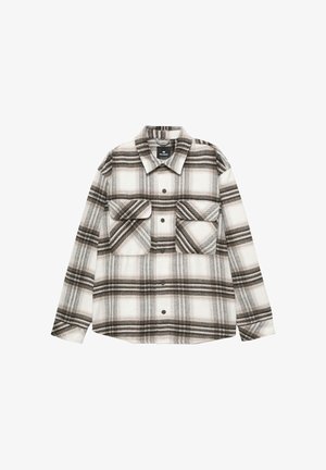 Kockás flaneling fehér, fekete és szürke árnyalatokban. Két mellzsebbel és gombos elülső résszel rendelkezik. Puha tapintású és laza fazonú.