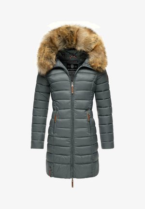 Harmaa tikattu pitkä talvitakki, jossa suuri ruskea turkisreunainen huppu, edessä vetoketju ja vetoketjulliset sivutaskut, suunniteltu kylmään säähän.