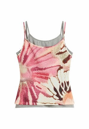 Camiseta de tirantes para mujer de doble capa; la capa exterior tiene un patrón floral teñido anudado en rosa y marrón, la capa interior es gris lisa.