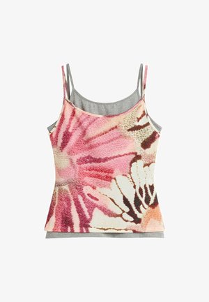 Ženska majica na bretele s dvostrukim slojem i tankim trakama; vanjski sloj ima ružičasti i smeđi tie-dye cvjetni uzorak, unutarnji sloj je jednobojno sivi.