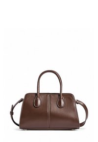 Borsa a mano in pelle marrone con manici corti, forma strutturata, cuciture a contrasto e tracolla rimovibile. Texture liscia e accenti minimi.
