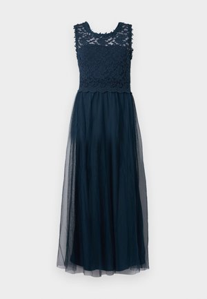 Robe bleu marine avec un corsage en dentelle orné de motifs floraux, un col rond et une jupe en tulle fluide qui s'étend jusqu'au sol.